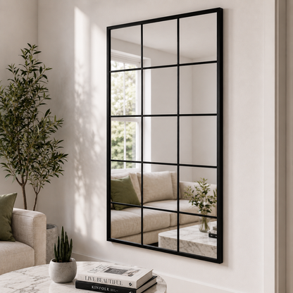 Wall mirror grid window black metal frame